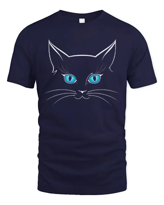 Black Cat Blue Eyes Minimalist Graphic Cotton T Shirt - navy t-shirt on white background
