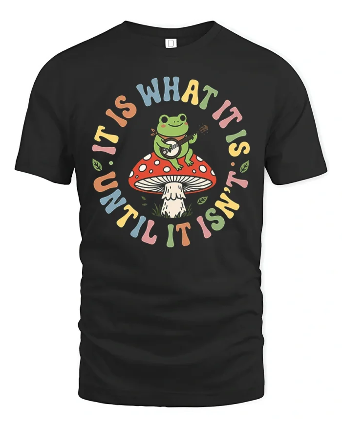 Funny Banjo Frog Mushroom Retro Graphic Cotton T Shirt - black t-shirt on white background