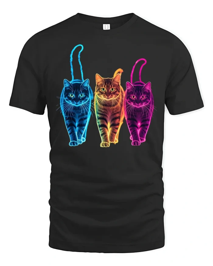 Neon Glowing Trio Cats Graphic Soft Cotton T Shirt - black t-shirt on white background