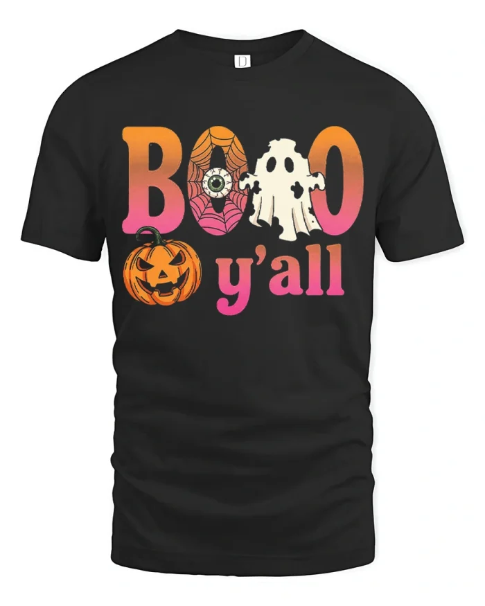 Boo Yall Halloween Ghost Pumpkin Graphic Cotton T Shirt - black t-shirt on white background