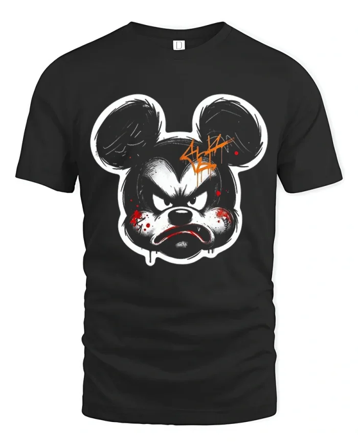 Angry Cartoon Mouse Graffiti Streetwear Cotton T Shirt - black t-shirt on white background