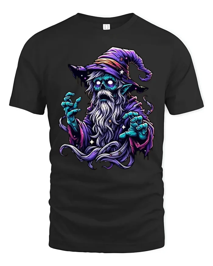 Spooky Zombie Wizard Sorcerer Graphic Cotton T Shirt - black t-shirt on white background
