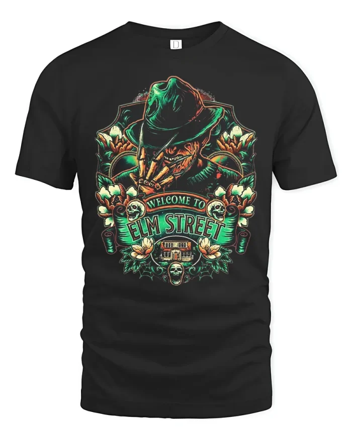 Welcome To Elm Street Horror Slasher Graphic Cotton T Shirt - black t-shirt on white background