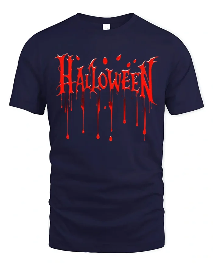 Bloody Halloween Font Drip Horror Graphic Cotton T Shirt - navy t-shirt on white background