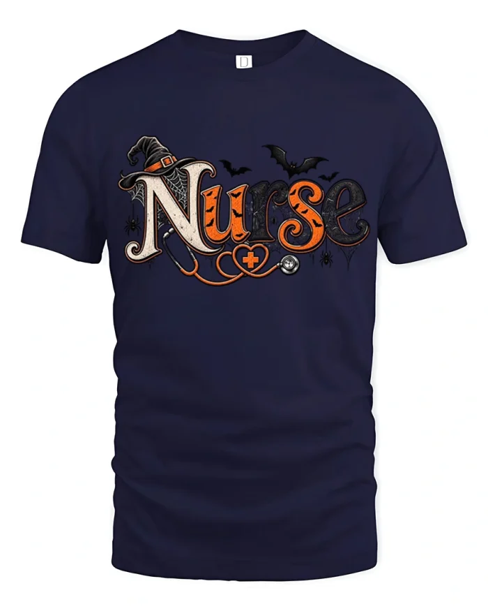 Spooky Witch Hat Halloween Nurse Graphic Cotton T Shirt - navy t-shirt on white background