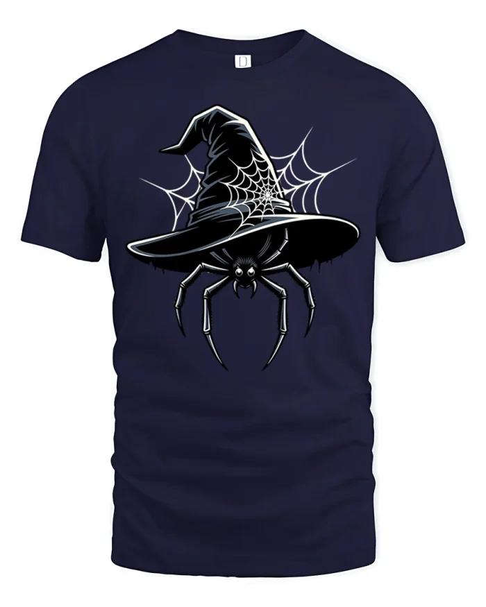 Spooky Witch Hat Spider Graphic Soft Cotton T Shirt - navy t-shirt on white background