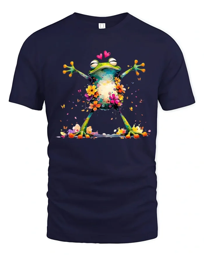 Cute Dancing Floral Frog In Love Graphic Cotton T Shirt - navy t-shirt on white background