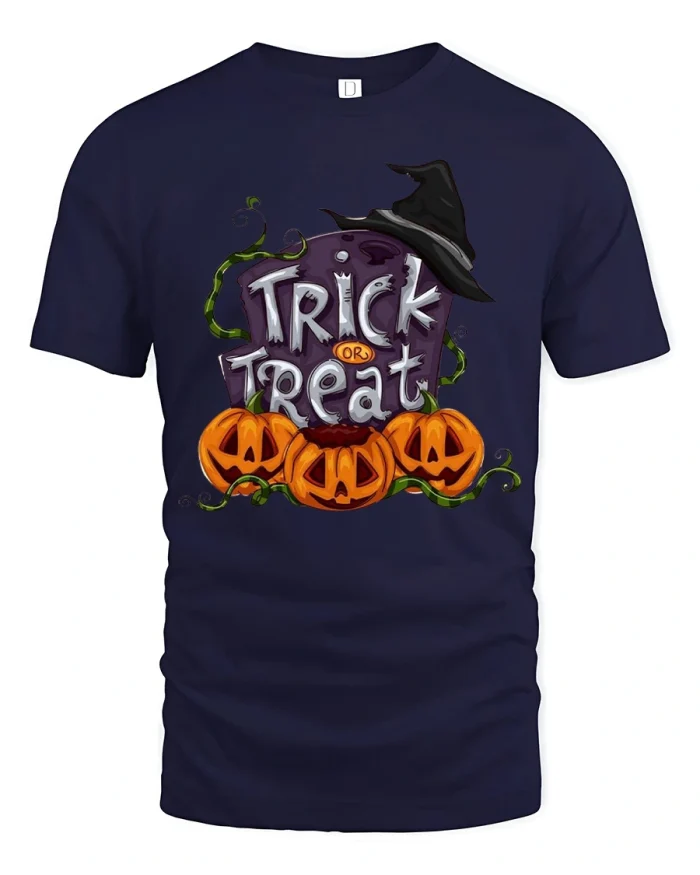 Trick Or Treat Witch Hat Pumpkin Graphic Cotton T Shirt - navy t-shirt on white background