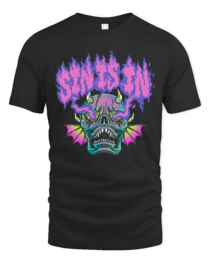 Sin Is In Demon Skull Smoke Graphic Soft Cotton T Shirt - black t-shirt on white background