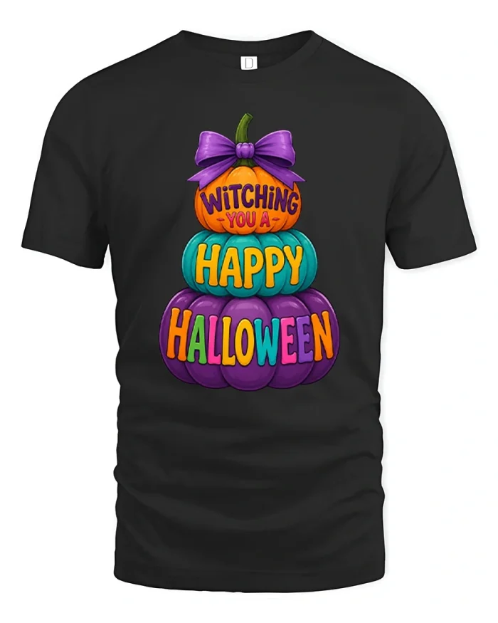 Witching You A Happy Halloween Stacked Cotton T Shirt - black t-shirt on white background