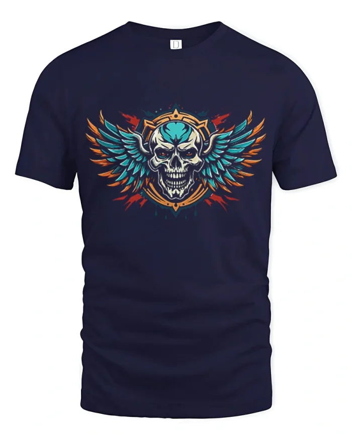 Winged Skull Biker Emblem Graphic Soft Cotton T Shirt - navy t-shirt on white background