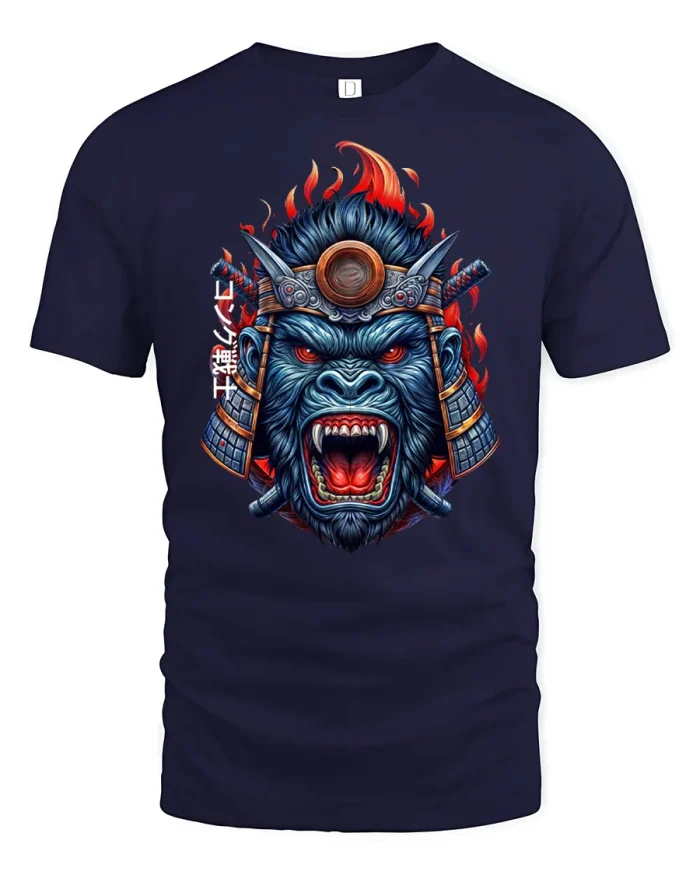 apanese Samurai Gorilla Warrior Graphic Cotton T Shirt - navy t-shirt on white background