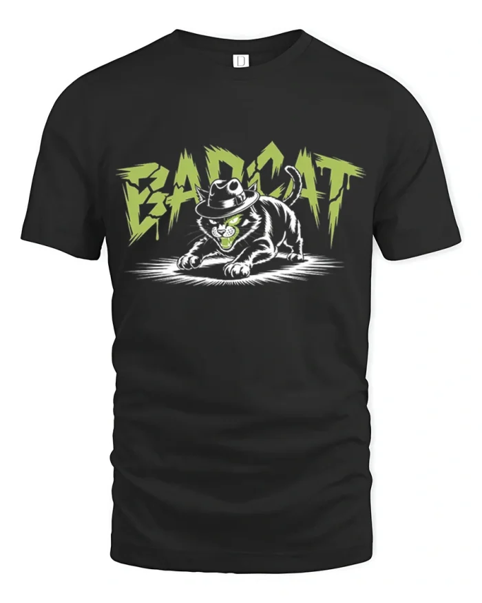Bad Cat Gangster Fedora Hat Streetwear Cotton T Shirt - black t-shirt on white background
