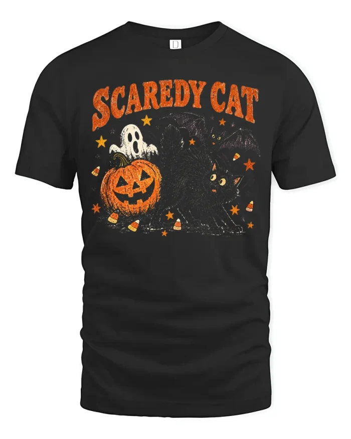 Vintage Scaredy Cat Black Cat Halloween Soft Cotton T Shirt - black t-shirt on white background