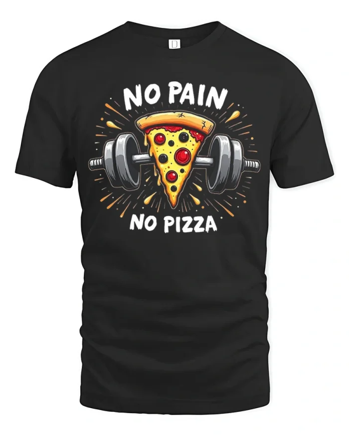 No Pain No Pizza Funny Gym Barbell Cotton T Shirt - black t-shirt on white background