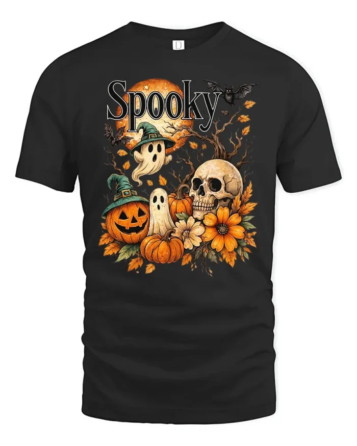 Vintage Spooky Halloween Skull Pumpkin Soft Cotton T Shirt - black t-shirt on white background