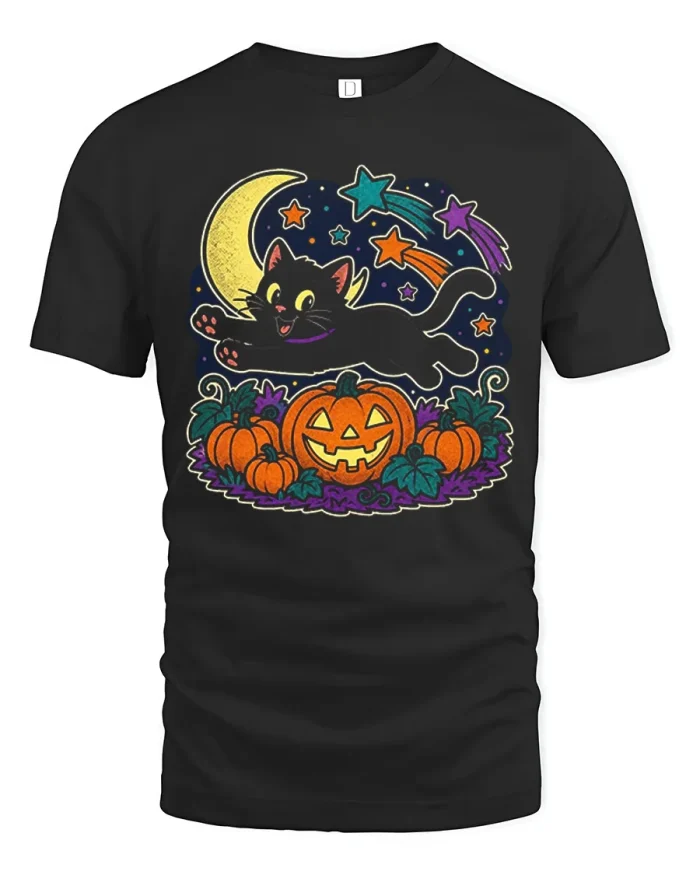 Black Cat Jumping Pumpkin Patch Moon Graphic Cotton T Shirt - black t-shirt on white background