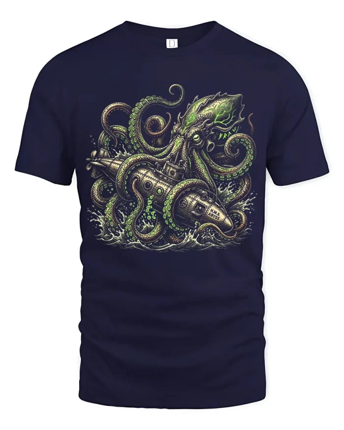 Kraken Attacking Submarine Steampunk Cotton T Shirt - navy t-shirt on white background