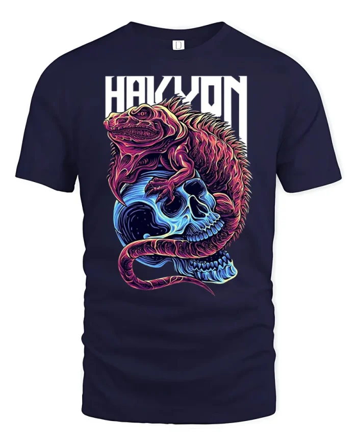 Edgy Neon Iguana Skull Streetwear Soft Cotton T Shirt - navy t-shirt on white background