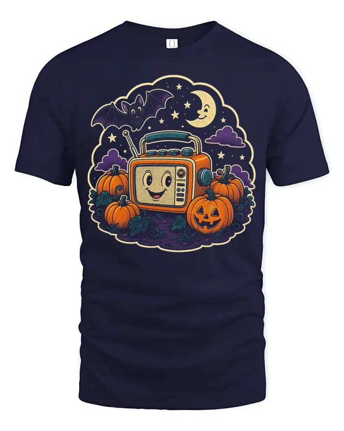 Vintage Halloween Retro TV Pumpkins Soft Cotton T Shirt - navy t-shirt on white background