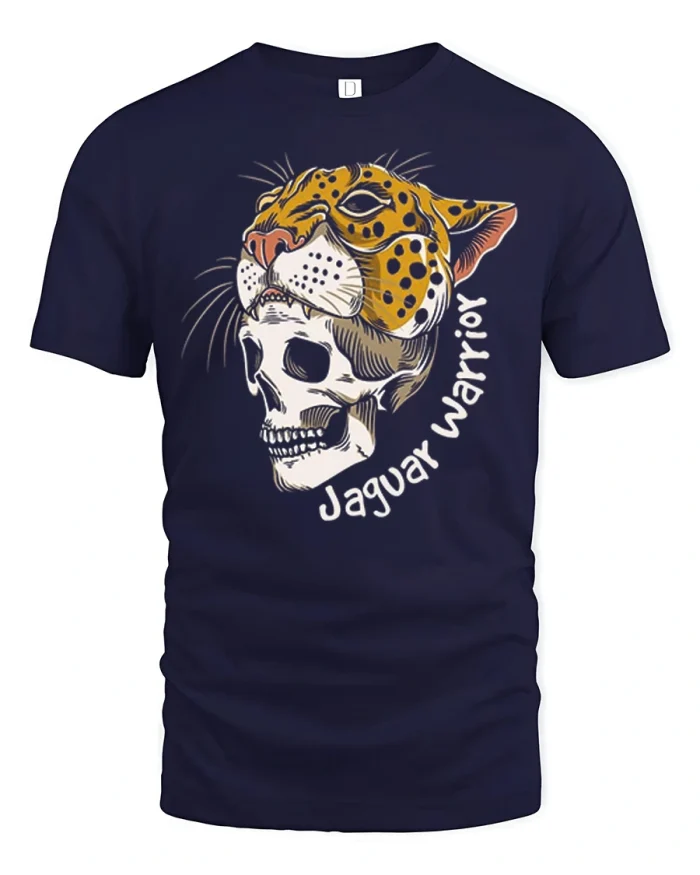 Aztec Jaguar Warrior Skull Headpiece Cotton T Shirt - navy t-shirt on white background