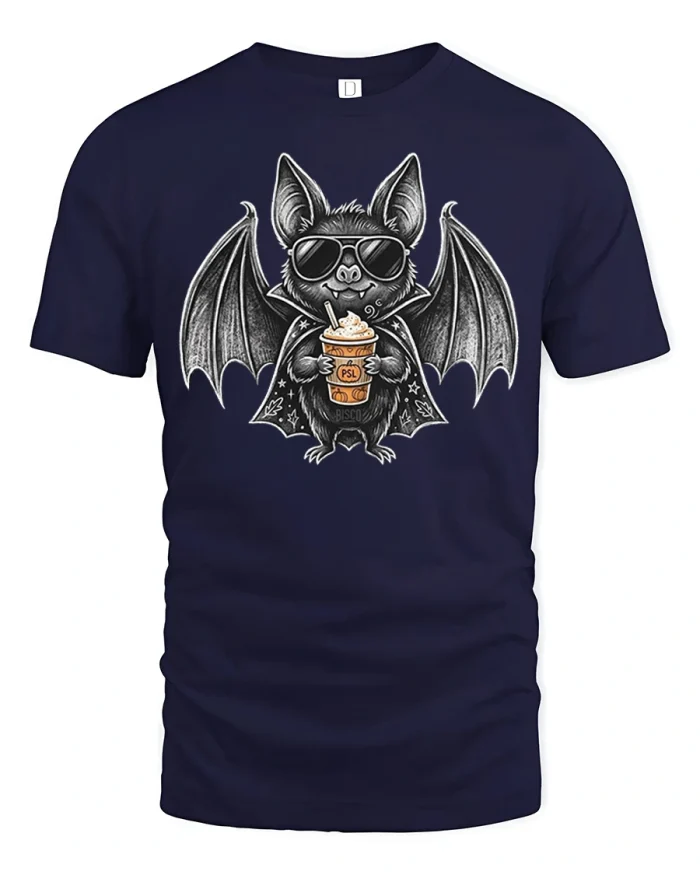 Cute Bat Drinking Pumpkin Spice Latte Cotton T Shirt - navy t-shirt on white background