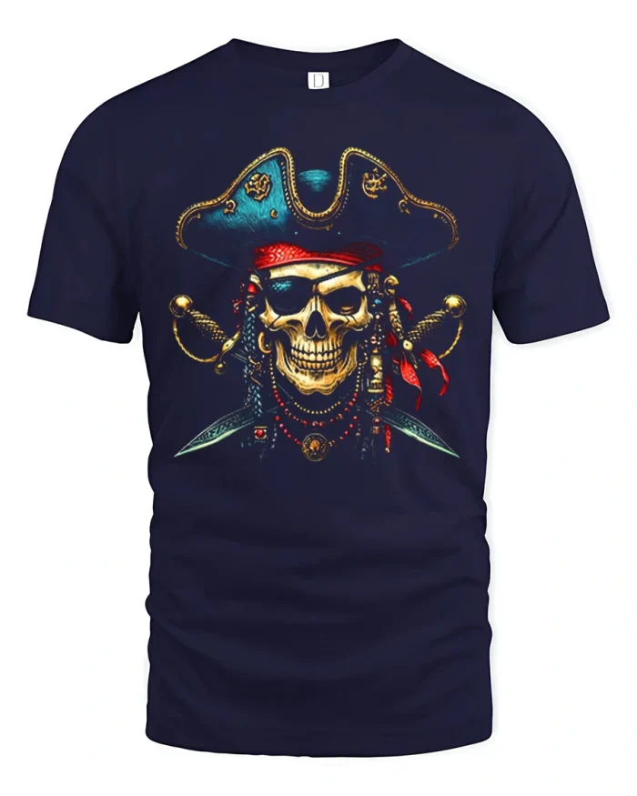 Vintage Pirate Skull Crossed Swords Soft Cotton T Shirt - navy t-shirt on white background