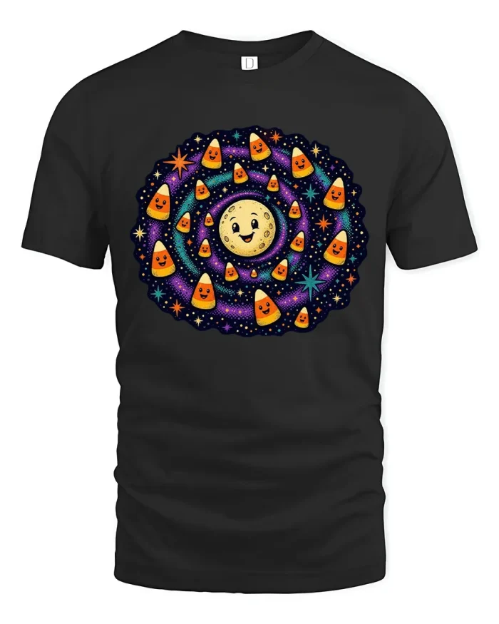 Cute Candy Corn Galaxy Full Moon Soft Cotton T Shirt - black t-shirt on white background