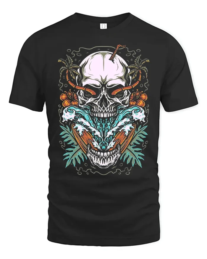 Tropical Surf Skull Ocean Waves Palm Tree Cotton T Shirt - black t-shirt on white background