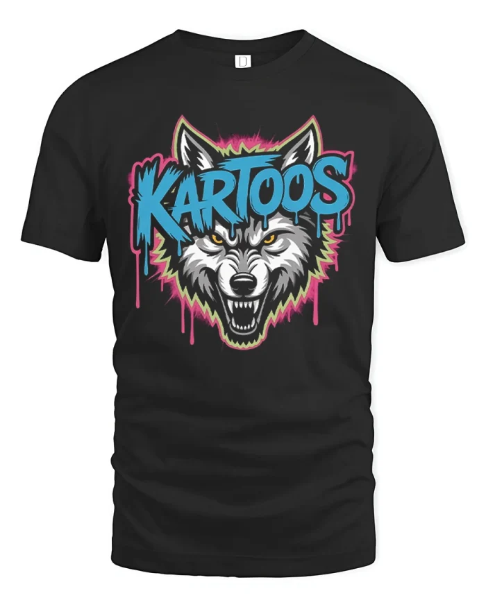Retro Neon Wolf Kartoos Streetwear Soft Cotton T Shirt - black t-shirt on white background