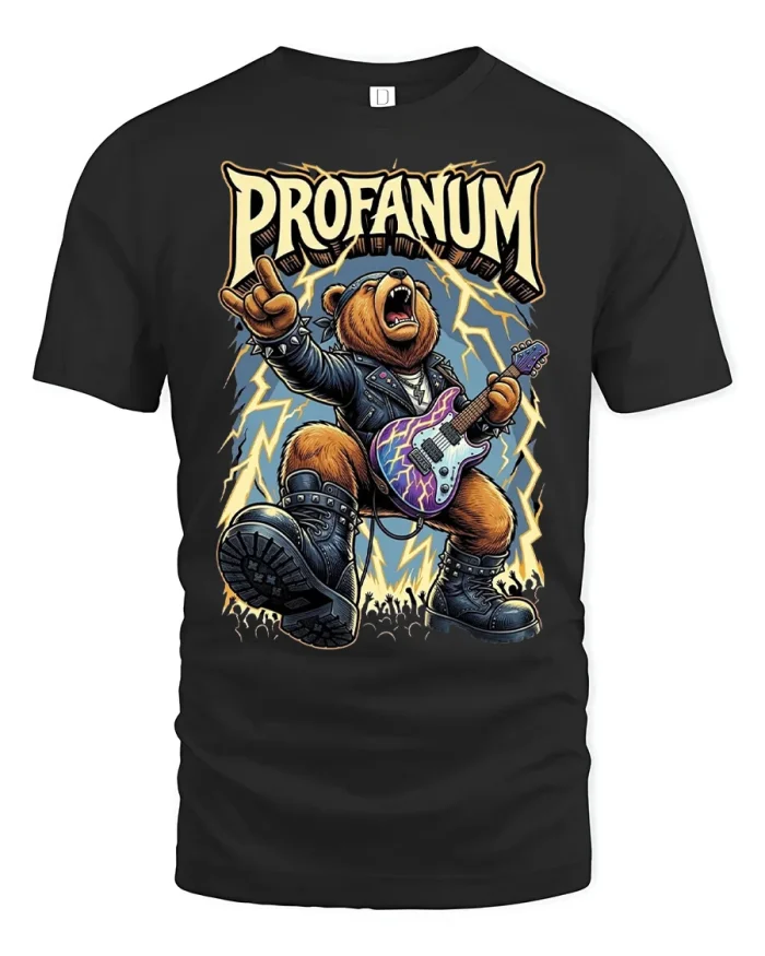 Heavy Metal Rocker Bear Electric Guitar Soft Cotton T Shirt - black t-shirt on white background