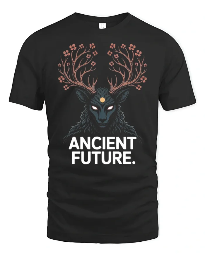 Ancient Future Mystical Stag Deer Soft Cotton T Shirt - black t-shirt on white background