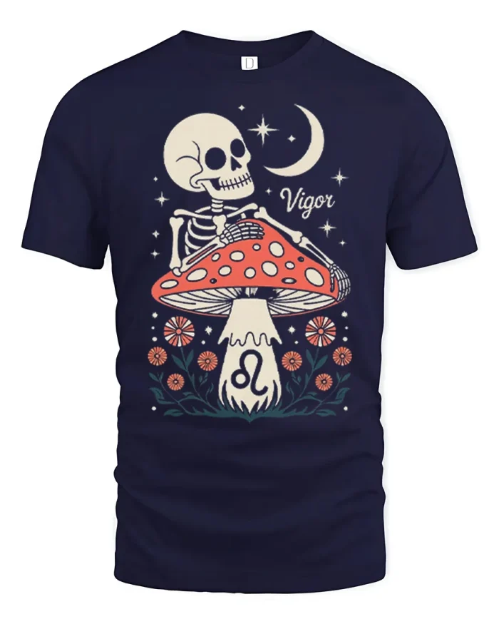 Vintage Vigor Skeleton Mushroom Soft Cotton T Shirt - navy t-shirt on white background
