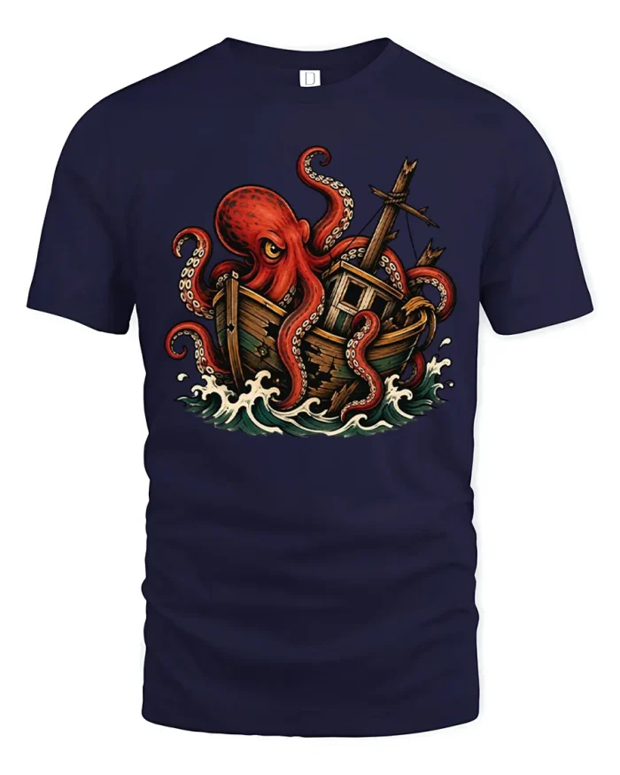 Vintage Giant Kraken Octopus Shipwreck Soft Cotton T Shirt - navy t-shirt on white background