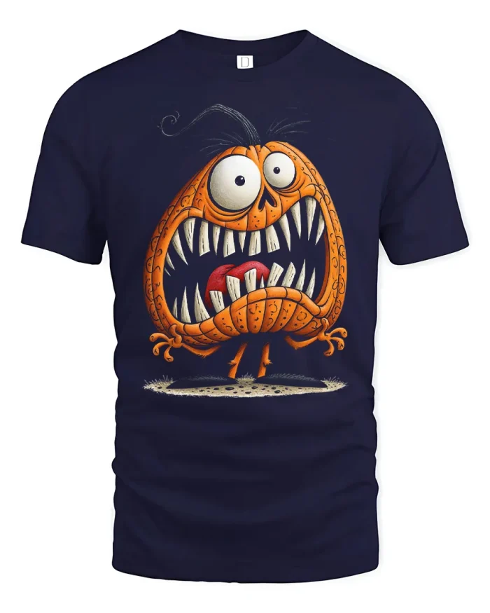 Crazy Pumpkin Monster Wide Mouth Soft Cotton T Shirt - navy t-shirt on white background
