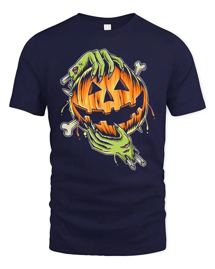 Spooky Zombie Hands Pumpkin Face Soft Cotton T Shirt - navy t-shirt on white background