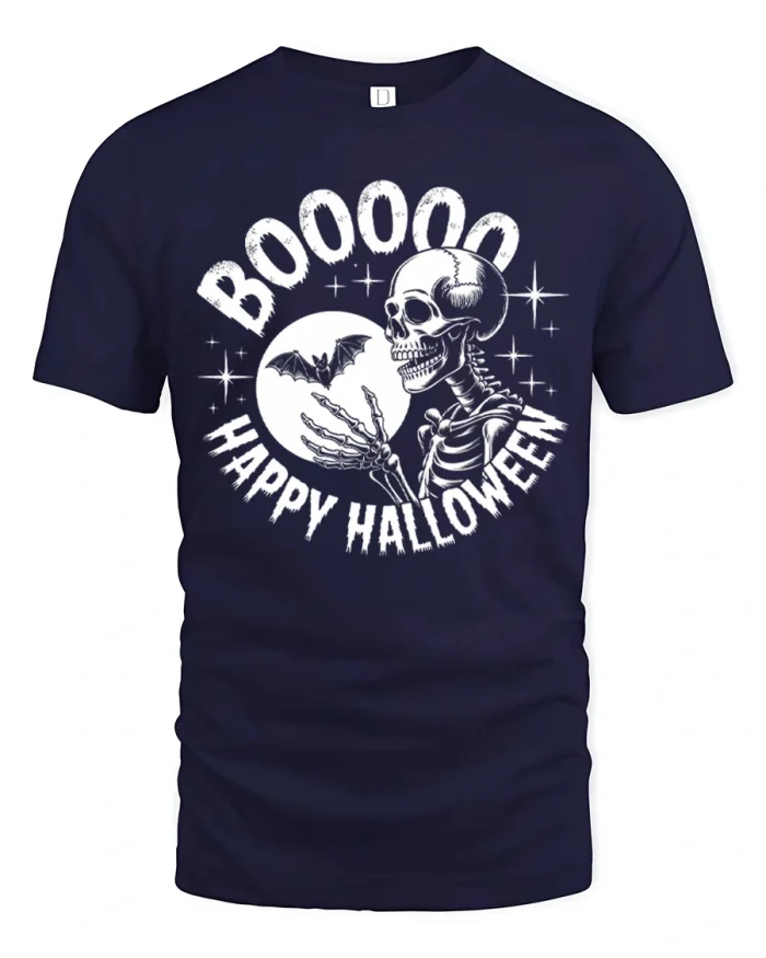 Booooo Happy Halloween Skeleton Full Moon Soft T Shirt - navy t-shirt on white background