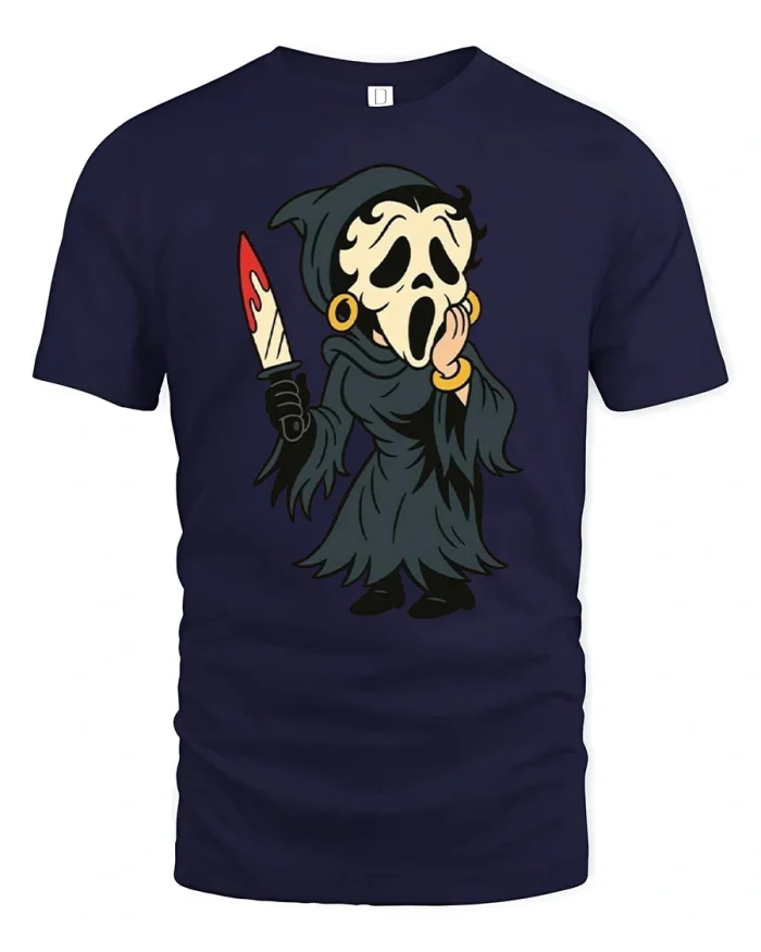 Cartoon Ghostface Slasher Betty Soft Cotton T Shirt - navy t-shirt on white background
