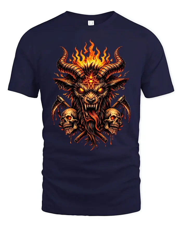 Baphomet Demon Goat Flaming Pentagram Soft Cotton T Shirt - navy t-shirt on white background
