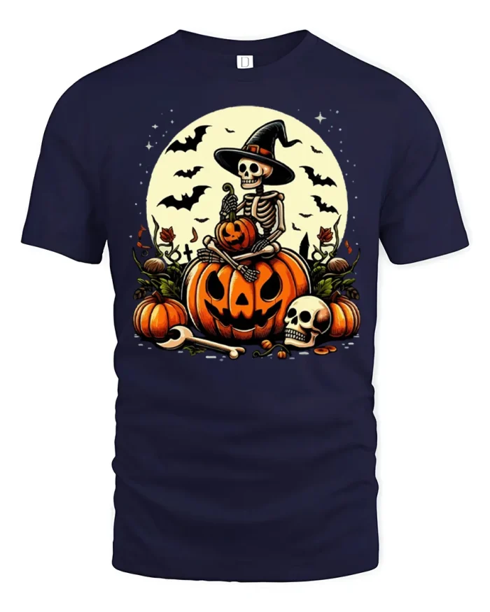 Spooky Witch Skeleton Sitting On Pumpkin Soft Cotton T Shirt - navy t-shirt on white background