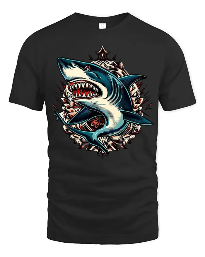 Traditional Tattoo Great White Shark Soft Cotton T Shirt - black t-shirt on white background