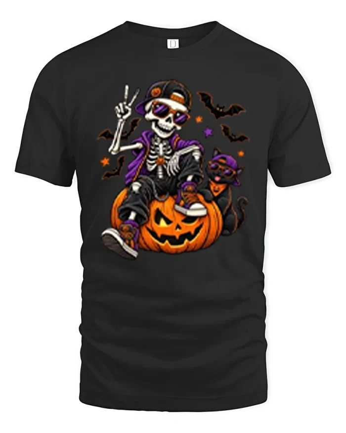 Cool Skeleton Cat Pumpkin Halloween Soft Cotton T Shirt - black t-shirt on white background
