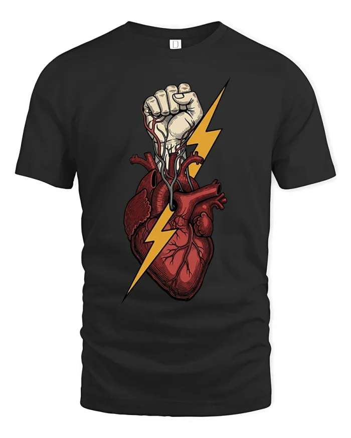 Anatomical Heart Fist Lightning Bolt Soft Cotton T Shirt - black t-shirt on white background