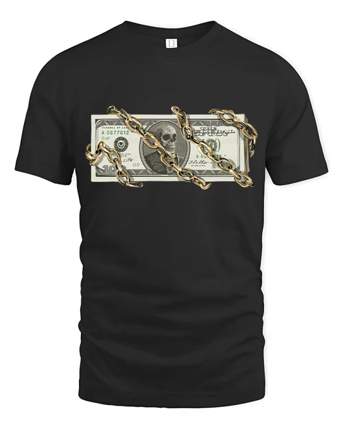 Skull Dollar Bill Gold Chain Stack Soft Cotton T Shirt - black t-shirt on white background
