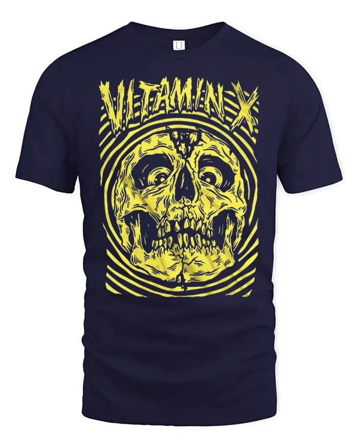 Vitamin X Shocked Skull Linocut Graphic Soft Cotton T Shirt - navy t-shirt on white background