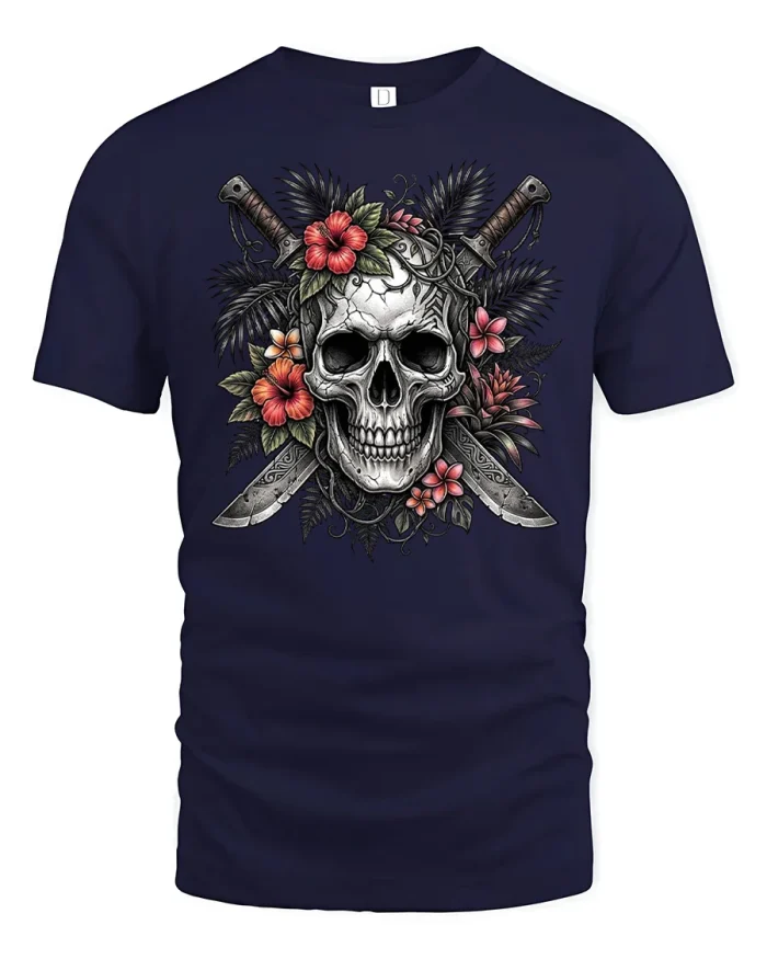Tropical Skull Crossed Machetes Floral Soft Cotton T Shirt - navy t-shirt on white background