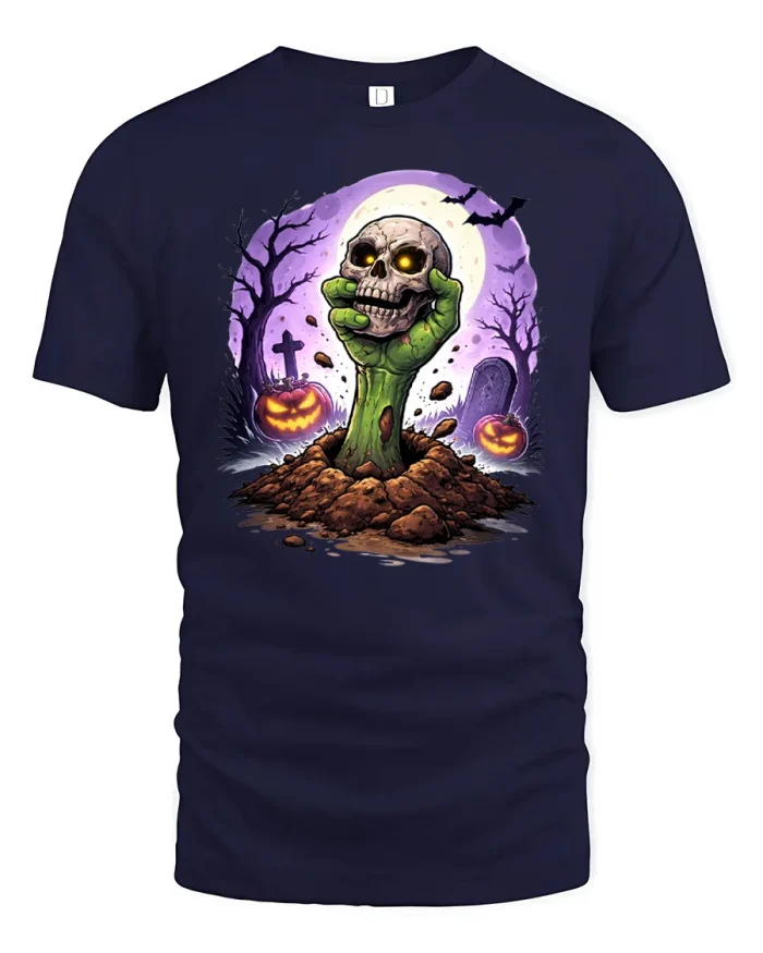 Zombie Hand Holding Skull Graveyard Soft Cotton T Shirt - navy t-shirt on white background
