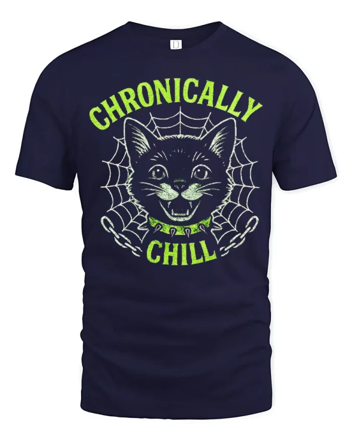 Chronically Chill Cat Spider Web Neon Soft Cotton T Shirt - navy t-shirt on white background