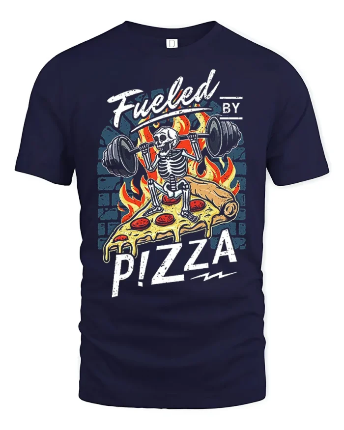 Fueled By Pizza Skeleton Lifting Barbell Soft Cotton T Shirt - navy t-shirt on white background