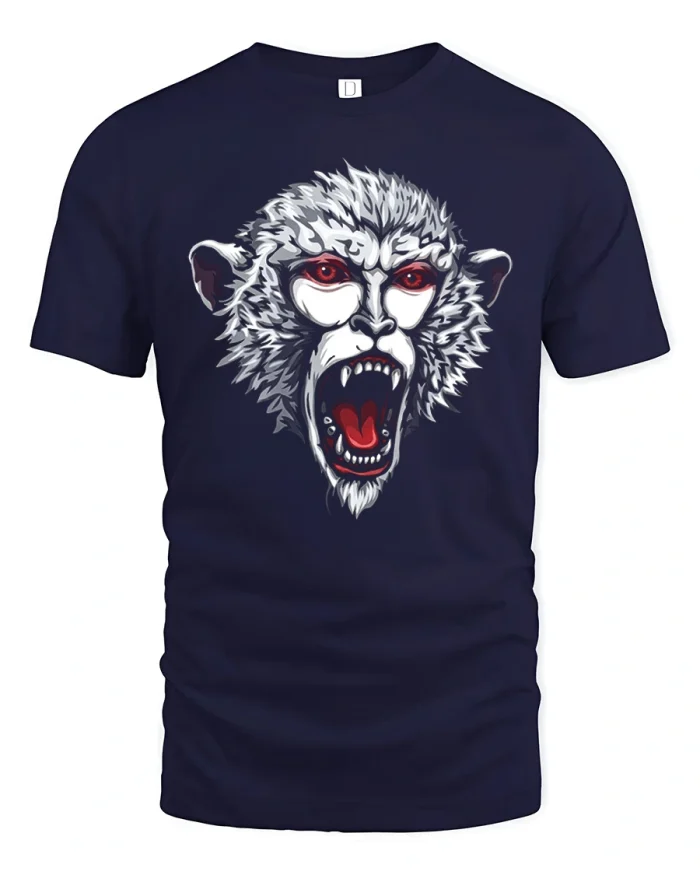 Angry Snarling Monkey Red Eyes Savage Soft Cotton T Shirt - navy t-shirt on white background